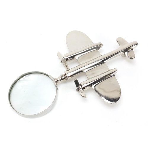 601 - Novelty silver plated magnifying glass in the form of an aeroplane, 23.5cm in length