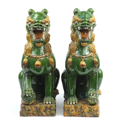 106 - Large pair of Chinese floor standing pottery seated lions having a sancai type glaze, each 59cm high