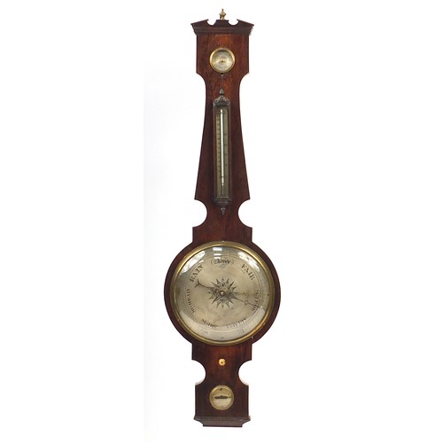 391 - Georgian mahogany banjo barometer with silvered dial and thermometer, 109cm high