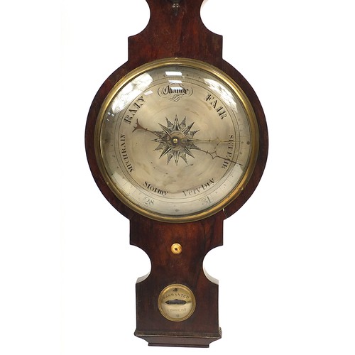 391 - Georgian mahogany banjo barometer with silvered dial and thermometer, 109cm high