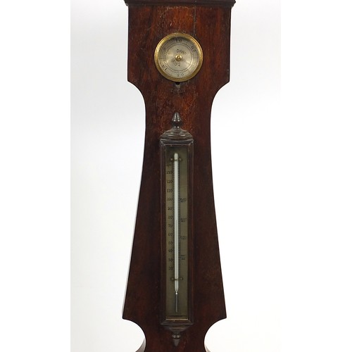 391 - Georgian mahogany banjo barometer with silvered dial and thermometer, 109cm high