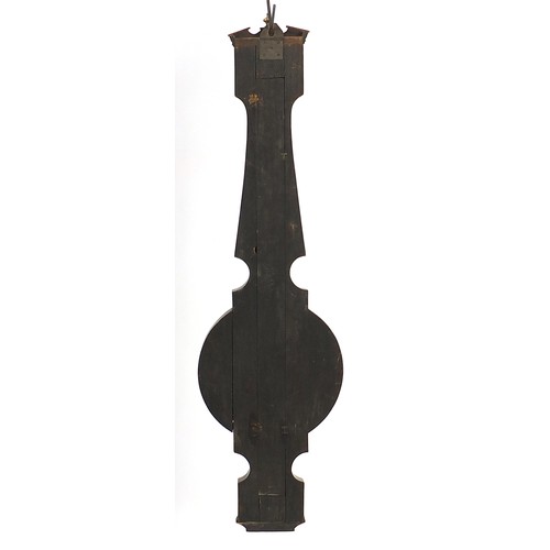 391 - Georgian mahogany banjo barometer with silvered dial and thermometer, 109cm high