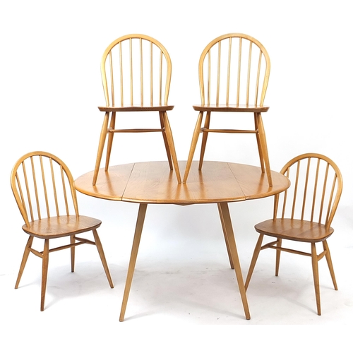 851A - Ercol light elm Windsor drop leaf dining table and four chairs, the table 70cm H x 113cm D x 65cm W ... 