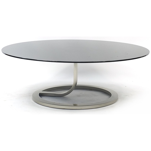 860A - Natuzzi, contemporary chrome and black glass coffee table, 34cm high x 100cm in diameter