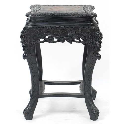 870A - Chinese black lacquered side table profusely carved with flowers, the top hand painted with butterfl... 