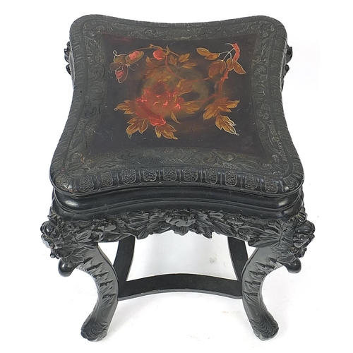 870A - Chinese black lacquered side table profusely carved with flowers, the top hand painted with butterfl... 