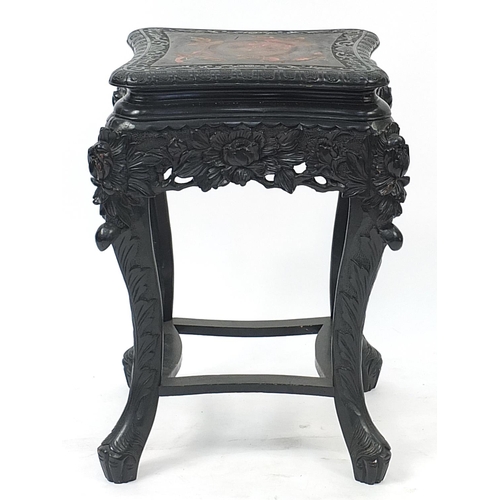 870A - Chinese black lacquered side table profusely carved with flowers, the top hand painted with butterfl... 