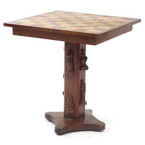 873A - Hardwood chess table, the base with applied classical figures, 58.5cm H x 53cm W x 53cm D