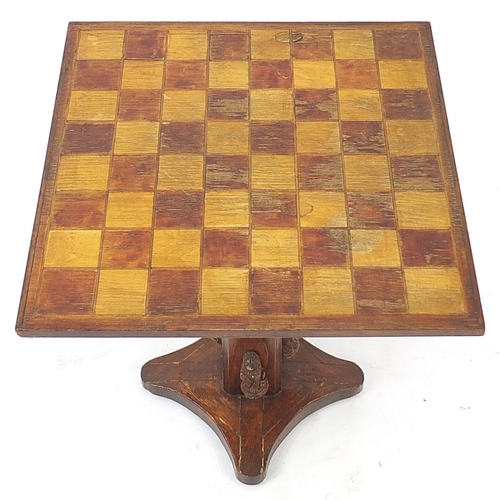 873A - Hardwood chess table, the base with applied classical figures, 58.5cm H x 53cm W x 53cm D