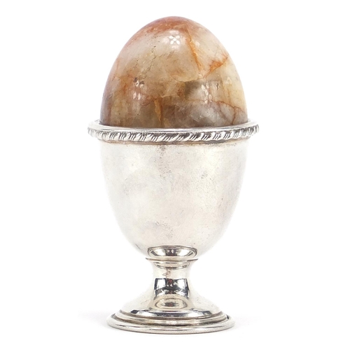 481 - Derbyshire Blue John specimen egg and silver plated egg stand, the egg cup 6cm high