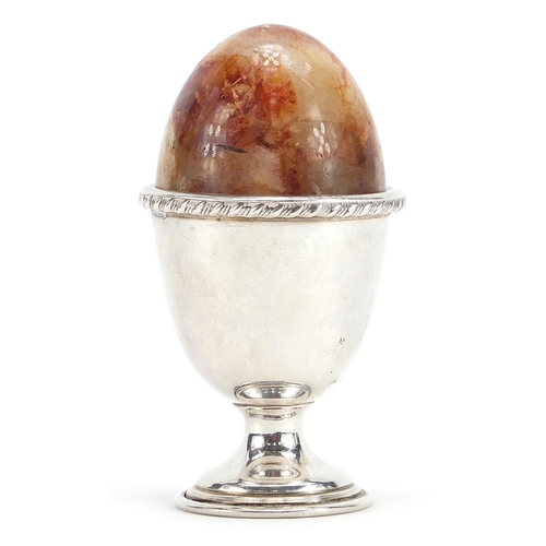 481 - Derbyshire Blue John specimen egg and silver plated egg stand, the egg cup 6cm high