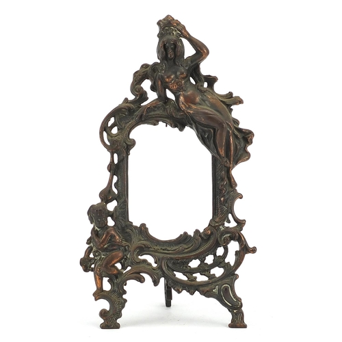 861 - Art Nouveau style cast iron photo frame cast with a maiden and boy, impressed Beatrice, 35cm high