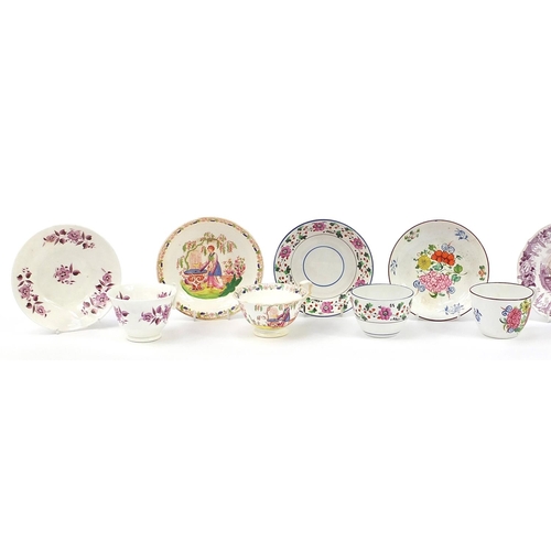 131 - Eight early 19th century and later cups and saucers including examples hand painted with shells and ... 