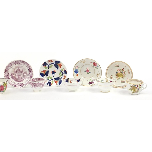 131 - Eight early 19th century and later cups and saucers including examples hand painted with shells and ... 