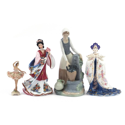 448 - Four collectable figurines including Coalport Princess Turandot, Nao and a Dresden ballerina, the la... 