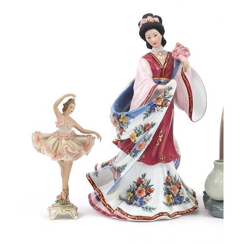 448 - Four collectable figurines including Coalport Princess Turandot, Nao and a Dresden ballerina, the la... 