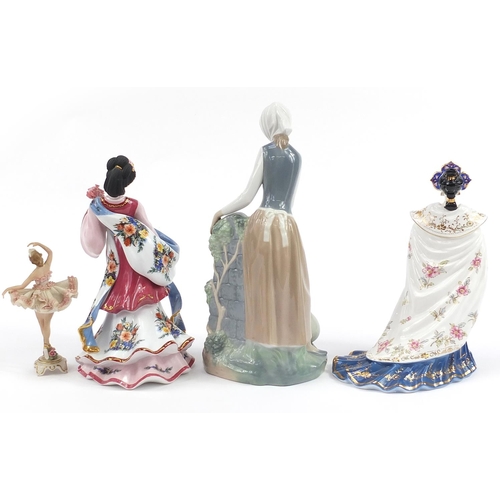 448 - Four collectable figurines including Coalport Princess Turandot, Nao and a Dresden ballerina, the la... 