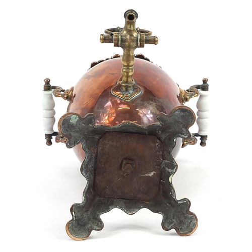 256 - 19th century copper samovar with brass tap and ceramic handles, the lid marked Warranted Best London... 