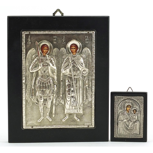 2138 - Two silver mounted and ebonised Russian ikons by Clarte, the largest 18cm x 14cm