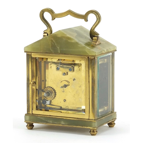 258 - Green onyx and brass carriage clock, the enamelled dial having Roman numerals, 14cm high