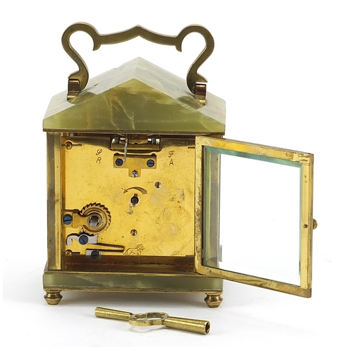 258 - Green onyx and brass carriage clock, the enamelled dial having Roman numerals, 14cm high