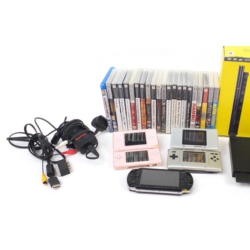 1183 - Games consoles and games comprising PlayStation 2 with games, two Nintendo DS hand held games consol... 