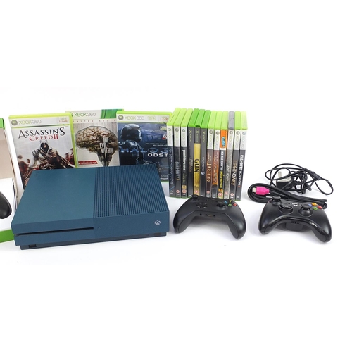 1180 - X Box One S games console with controllers and a collection of X Box and X Box 360 games