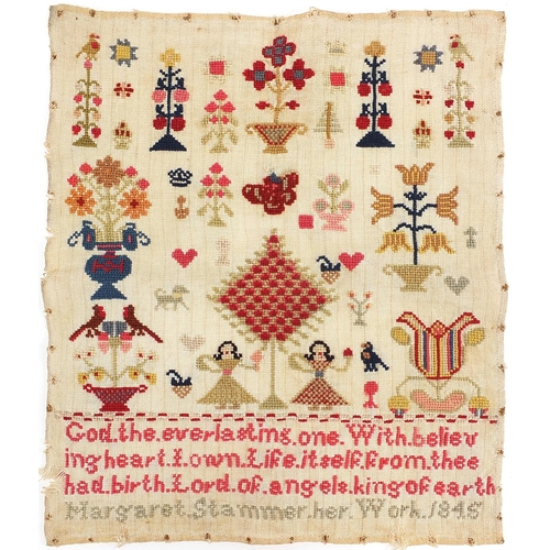 613 - 19th century sampler embroidered with flowers, figures and religious verse, worked by Margaret Stamm... 