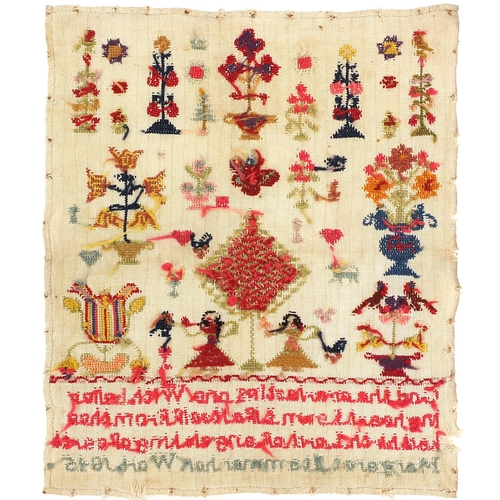 613 - 19th century sampler embroidered with flowers, figures and religious verse, worked by Margaret Stamm... 