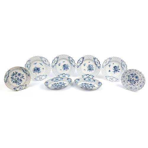 348 - Meissen, German blue and white porcelain including four plates hand painted with flowers and pair of... 