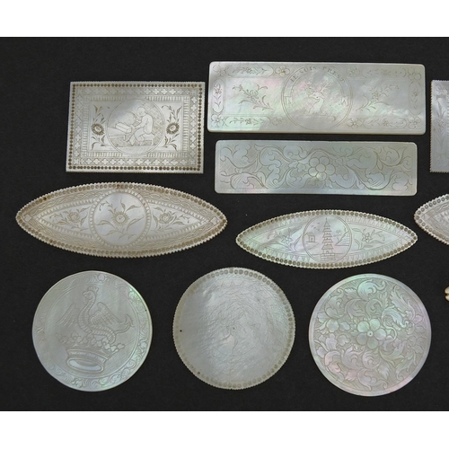 566 - Eleven Chinese Canton mother of pearl gaming counters and one other, the largest 6.5cm wide