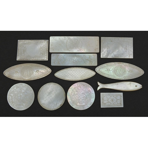 566 - Eleven Chinese Canton mother of pearl gaming counters and one other, the largest 6.5cm wide