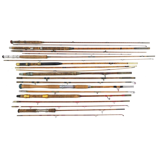 384 - Eight vintage split cane fishing rods, some hexagonal including Kyoto Roos