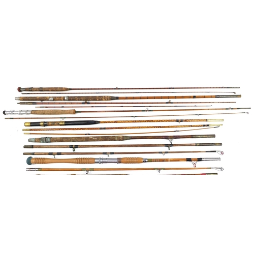 384 - Eight vintage split cane fishing rods, some hexagonal including Kyoto Roos