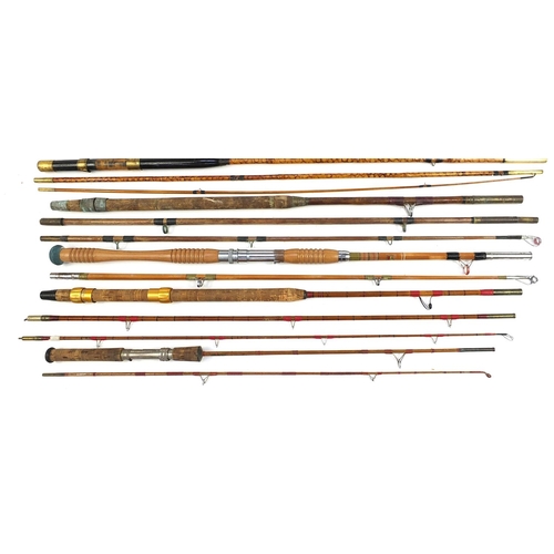 384 - Eight vintage split cane fishing rods, some hexagonal including Kyoto Roos