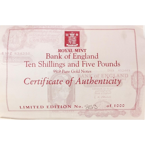 477 - 99.9% pure gold Bank of England five pound note and ten shillings by The Royal Mint with certificate... 