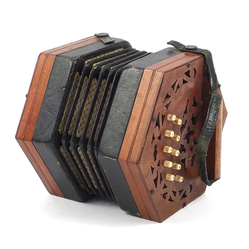 530 - Lachenal & Co, 19th century mahogany 22 button concertina, numbered 86802, 18cm in diameter