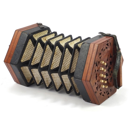 530 - Lachenal & Co, 19th century mahogany 22 button concertina, numbered 86802, 18cm in diameter