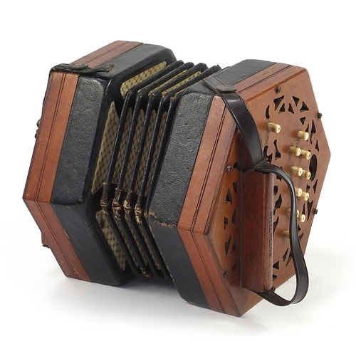 530 - Lachenal & Co, 19th century mahogany 22 button concertina, numbered 86802, 18cm in diameter