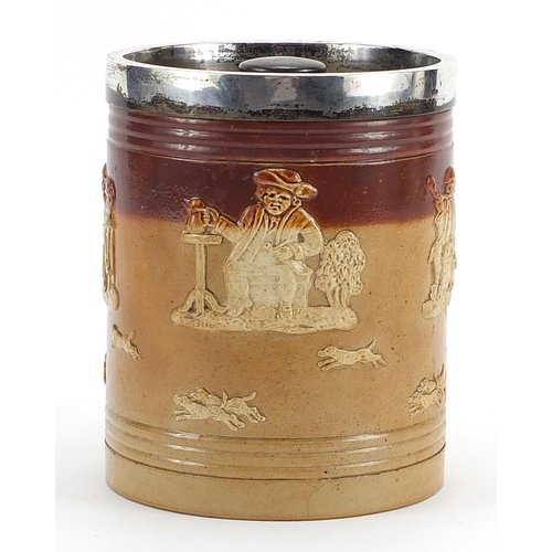 553 - Doulton Lambeth, stoneware hunting biscuit barrel with silver collar, Birmingham 1899, 15cm high