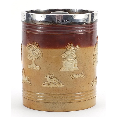 553 - Doulton Lambeth, stoneware hunting biscuit barrel with silver collar, Birmingham 1899, 15cm high