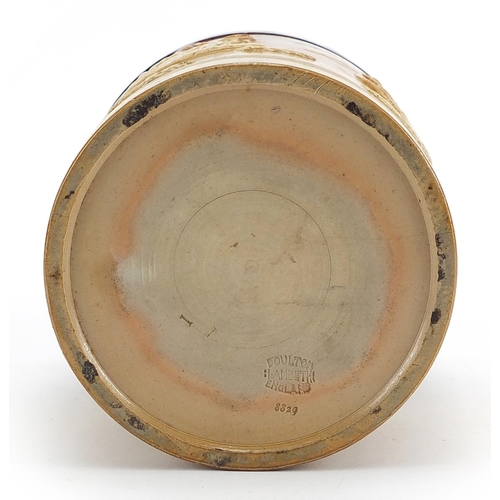 553 - Doulton Lambeth, stoneware hunting biscuit barrel with silver collar, Birmingham 1899, 15cm high