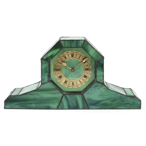 484 - Art Deco style leaded glass design mantle clock, 45cm wide