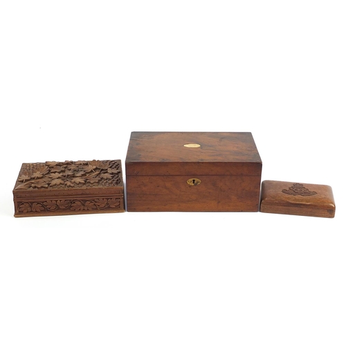 851 - Three wooden boxes including Victorian walnut writing slope and one carved with a Royal Artillery  c... 