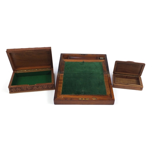 851 - Three wooden boxes including Victorian walnut writing slope and one carved with a Royal Artillery  c... 