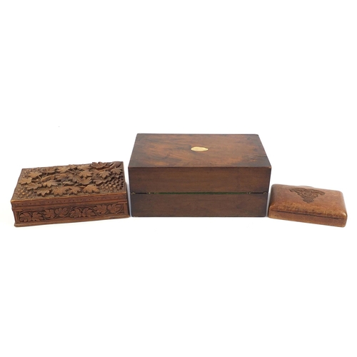 851 - Three wooden boxes including Victorian walnut writing slope and one carved with a Royal Artillery  c... 