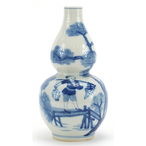 112 - Chinese blue and white porcelain double gourd vase hand painted with figures on a bridge and on hors... 