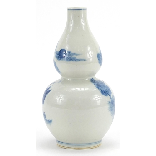 112 - Chinese blue and white porcelain double gourd vase hand painted with figures on a bridge and on hors... 