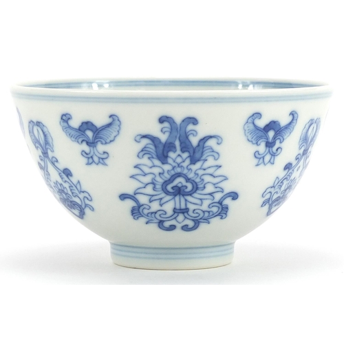 367 - Chinese blue and white porcelain footed bowl hand painted with flowers, six figure character marks t... 