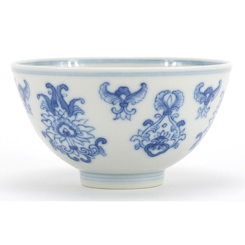 367 - Chinese blue and white porcelain footed bowl hand painted with flowers, six figure character marks t... 